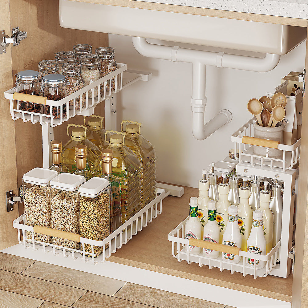 Home Adjustable Double-layer Pull-out Basket Multifunctional Spice Storage Rack